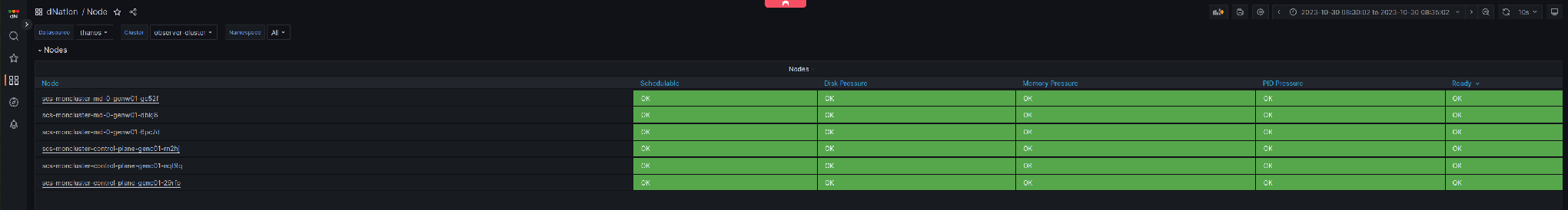 Node table with Schedulable, Disk Pressure, Memory Pressure, PID Pressure and Ready
